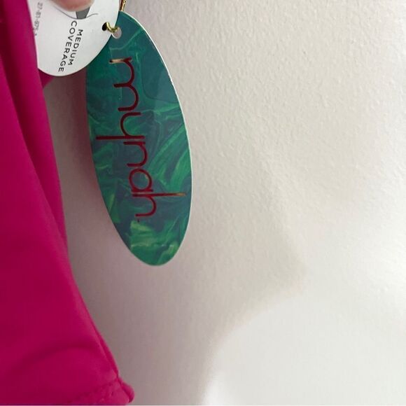 NWT New Mynah One Piece Halter Swimsuit Magenta Faux Belt Small Pink - Picture 4 of 7